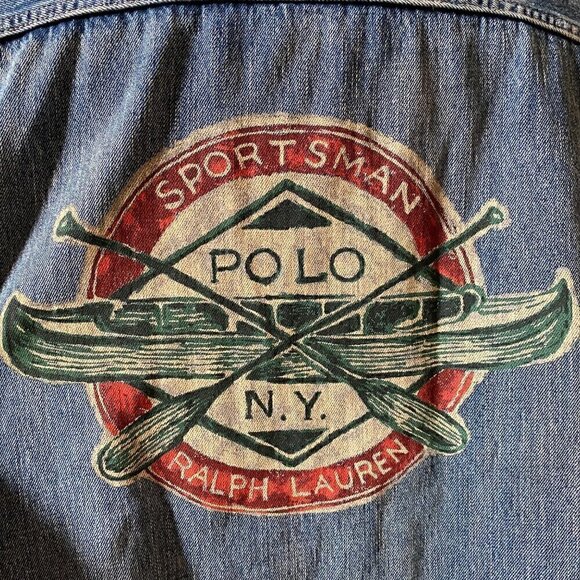 Polo Ralph Lauren Sportsman Distress Patch Trucker Jean Jacket Big 4X USA FLAG - Picture 10 of 15
